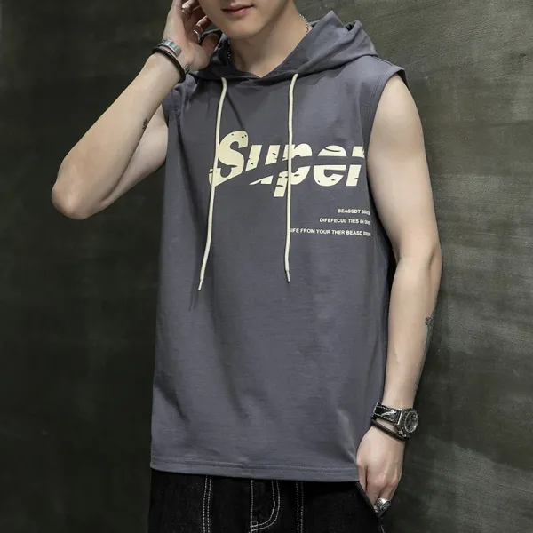 Design Sleeveless Hoodie Gray Graphic Print Vest-Top - 1