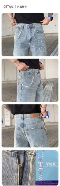 Design Pearl-Embellished Wide-Leg Denim Jeans Light Blue - 12