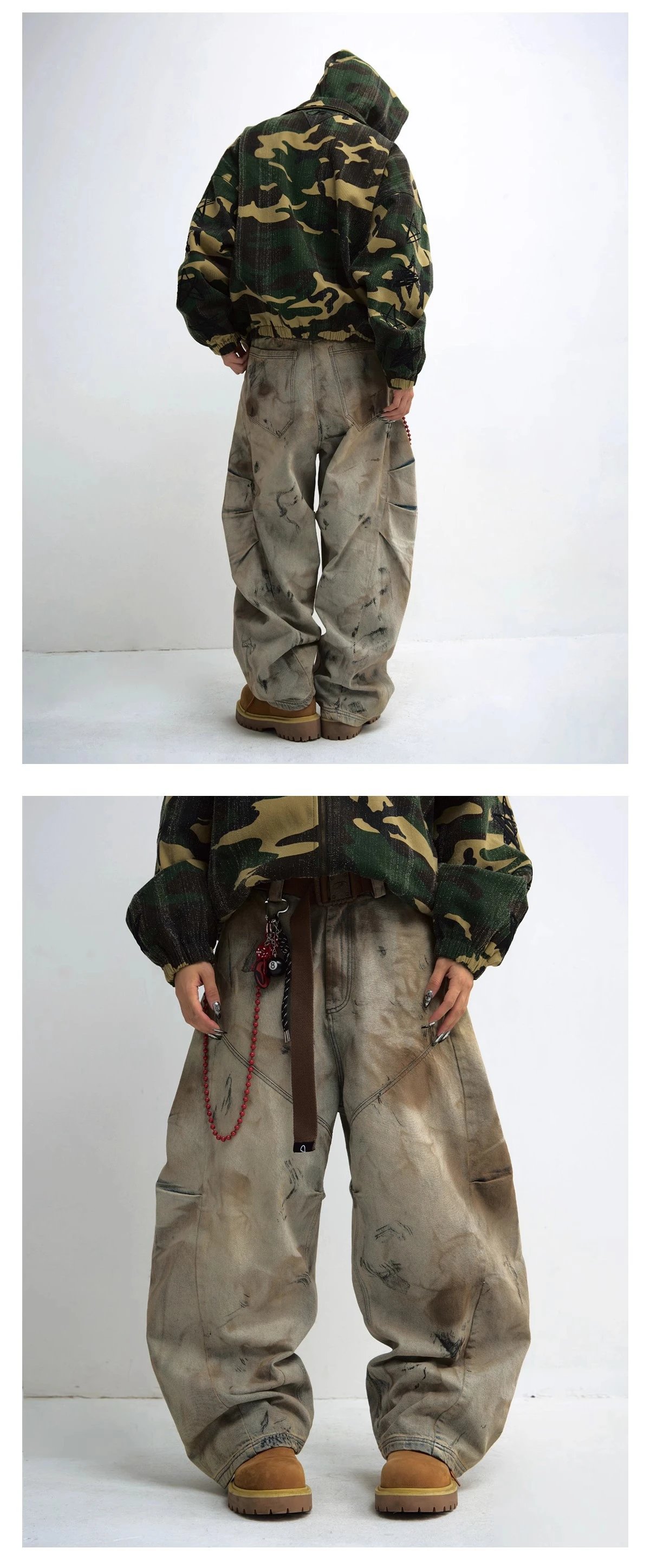 Design Distressed Oversized Cargo Pants Beige Multicolor Pants - 10