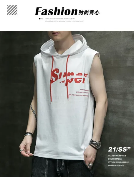 Design Sleeveless Hoodie Gray Graphic Print Vest-Top - 2
