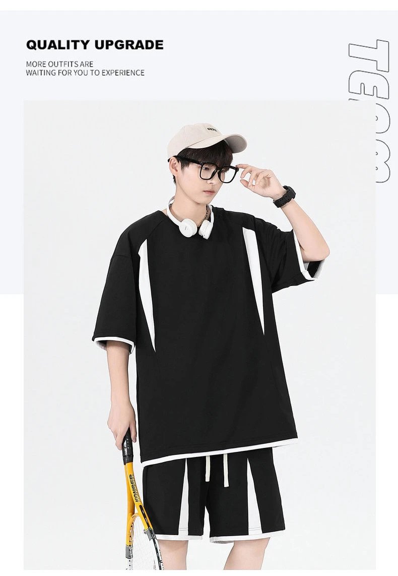 Design Oversized T-Shirt and Shorts Set Beige with Black Stripes Casual Set - 15