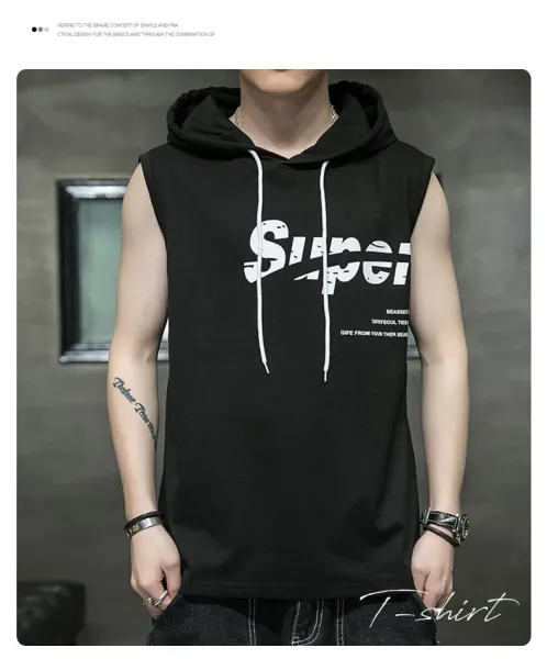 Design Sleeveless Hoodie Gray Graphic Print Vest-Top - 3