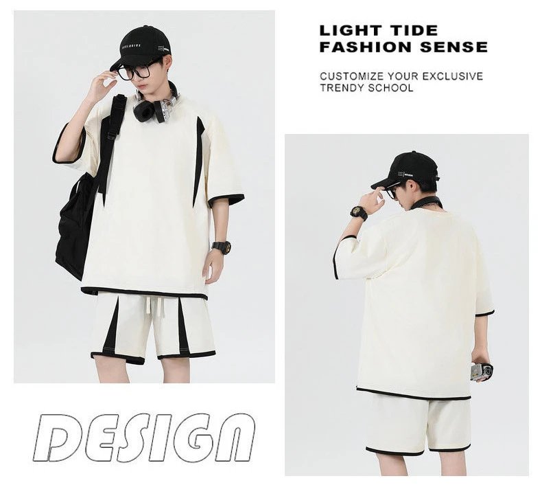 Design Oversized T-Shirt and Shorts Set Beige with Black Stripes Casual Set - 22
