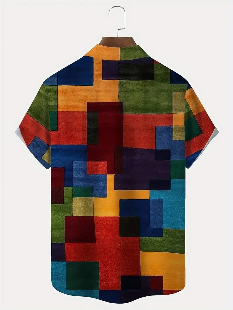 Design Patchwork Linen-Blend Shirt Green Beige Multicolor - 23