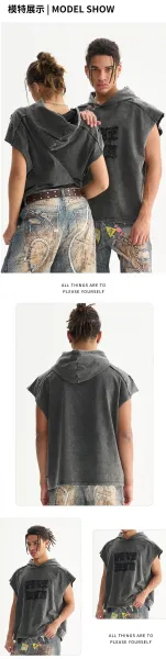 Design Five Men Distressed Denim Hooded Vest Gray Vest Top - 6