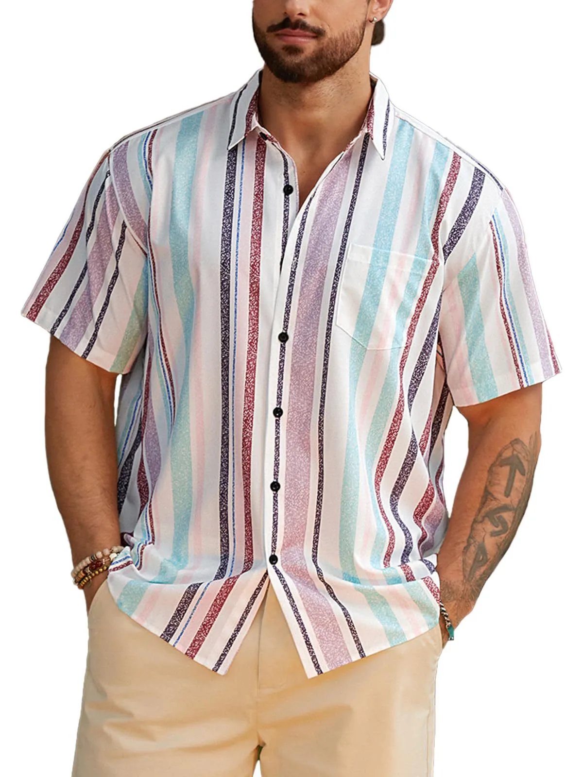 Design Harddaddy Striped Short-Sleeve Button-Up Shirt White and Gray Shirt - 9