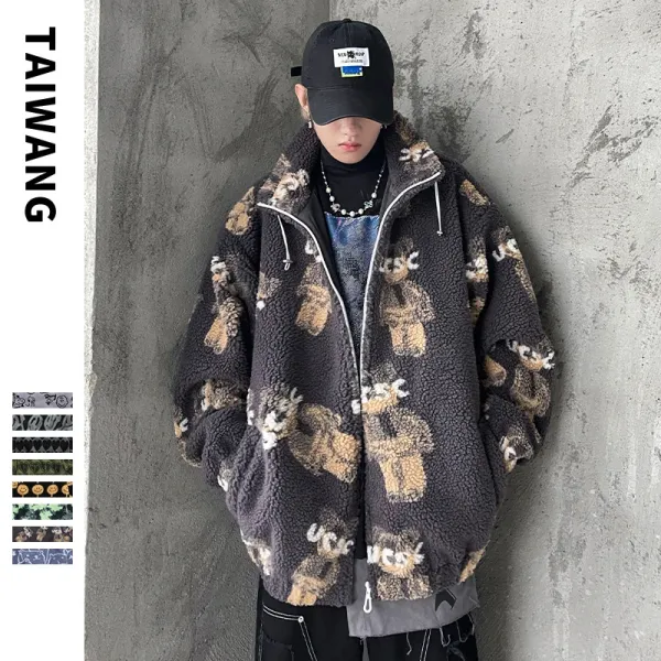 Design TAIWANG Bear Print Fleece Sherpa Jacket Multicolor Outerwear - 1