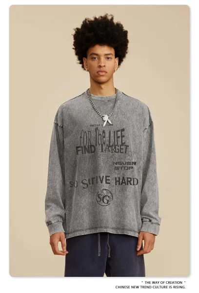 Design Long Sleeve Washed Denim T-Shirt Medium Gray - 29