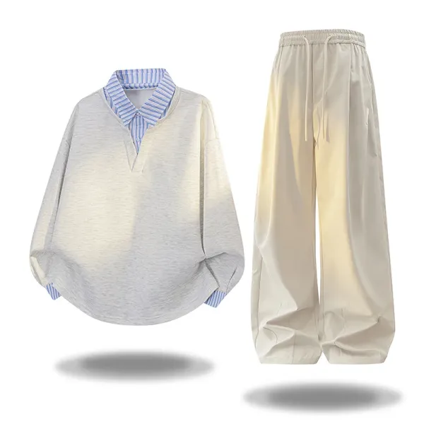 Design Layered Collar Oversized Top and Wide-Leg Pants Set Beige - 1