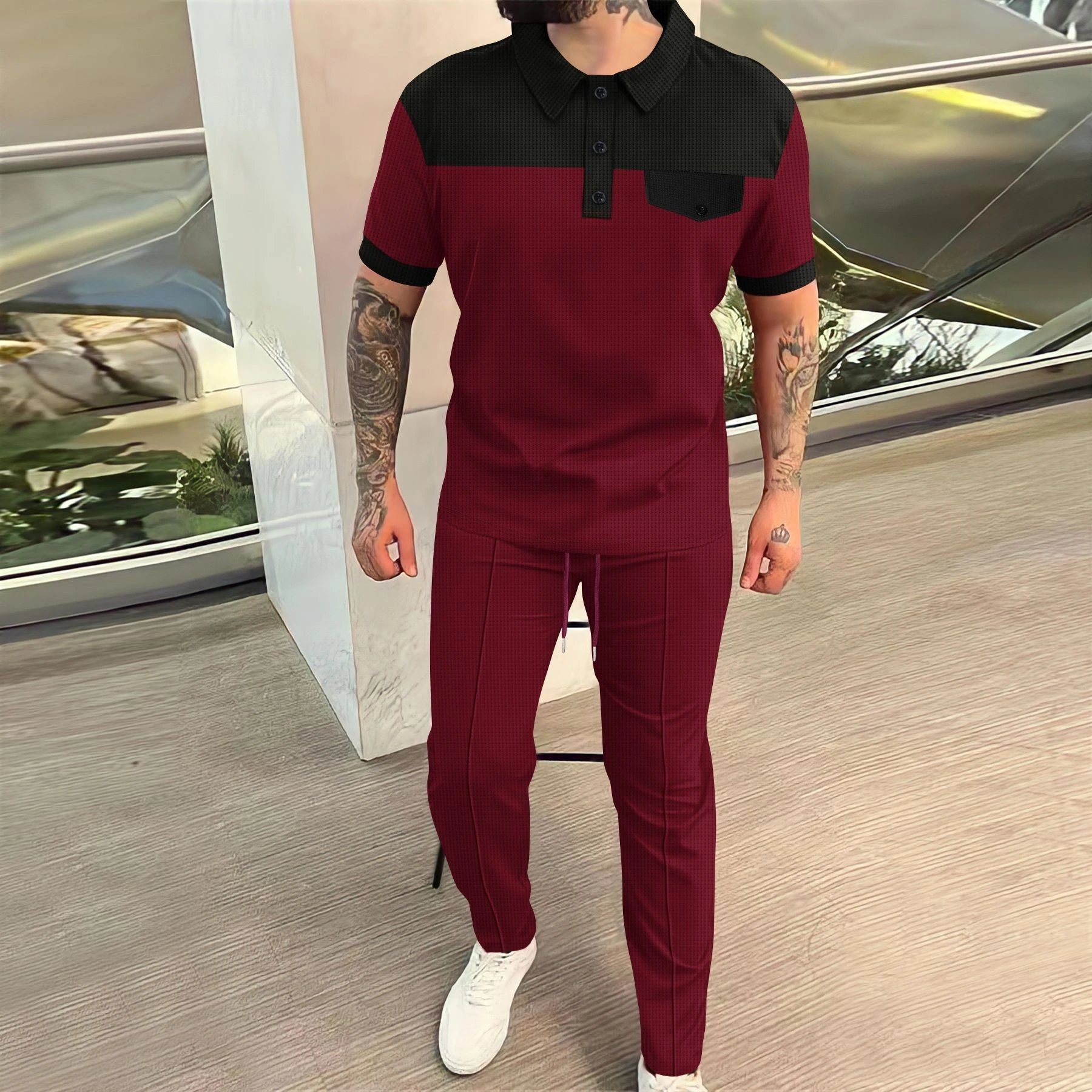 Design Two-Tone Textured Polo and Matching Pants Set Gray / Black - 15
