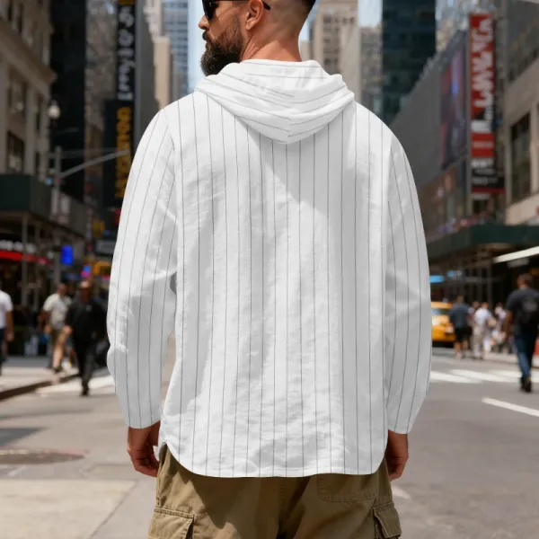 Design Striped Hooded Henley Shirt Gray Hoodie - 12
