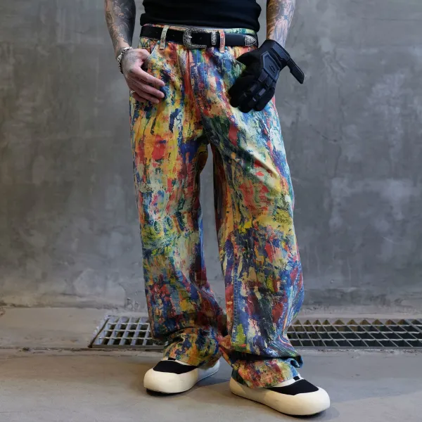 Design Abstract Paint Splatter Wide-Leg Pants Multicolor Pants - 1