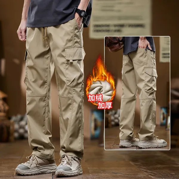Design Cargo Pants Beige Fleece-Lined Thermal Pants - 1