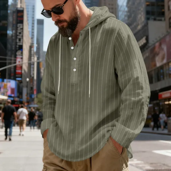 Design Striped Hooded Henley Shirt Gray Hoodie - 31