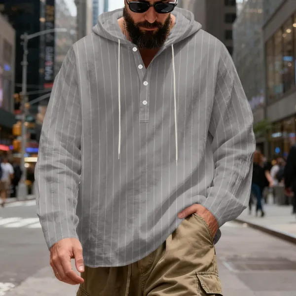 Design Striped Hooded Henley Shirt Gray Hoodie - 35