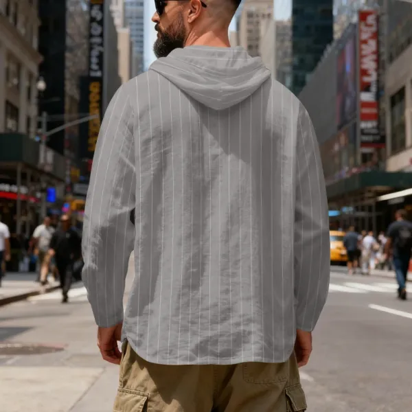 Design Striped Hooded Henley Shirt Gray Hoodie - 40