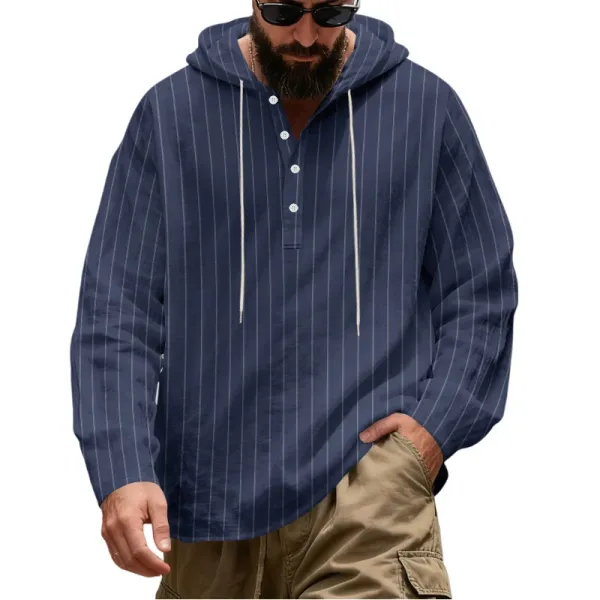 Design Striped Hooded Henley Shirt Gray Hoodie - 43