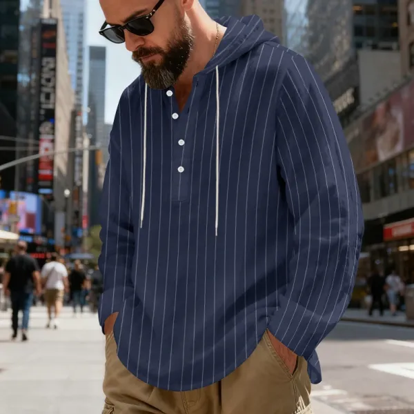 Design Striped Hooded Henley Shirt Gray Hoodie - 45