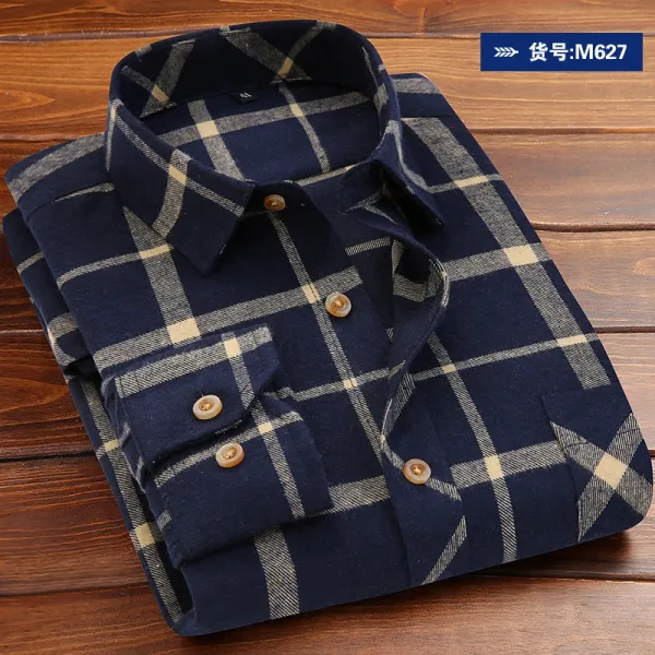 Design Plaid Button-Up Shirt Navy Beige - 1