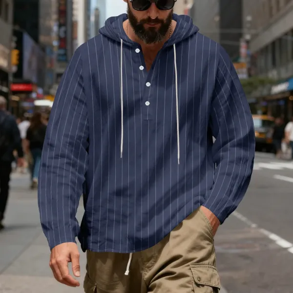 Design Striped Hooded Henley Shirt Gray Hoodie - 46