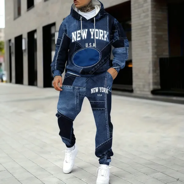 Design Denim Patchwork 'New York U.S.A.' Hoodie and Sweatpants Set Blue Black - 13