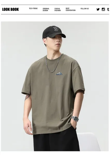 Design Mountain Embroidery Olive Green T-Shirt Tops.t Shirts - 3