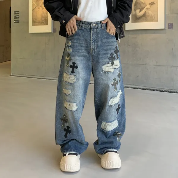 Chrome Hearts Cross-Embroidered Distressed Wide-Leg Jeans Blue - 1