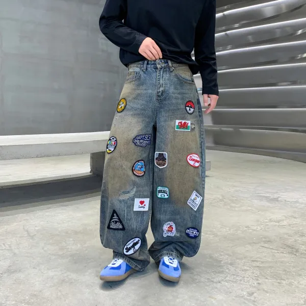Design Custom Patchwork Wide-Leg Distressed Denim Jeans - 1