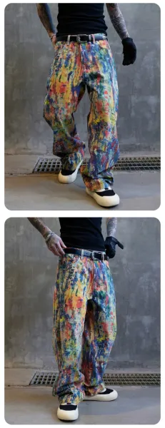 Design Abstract Paint Splatter Wide-Leg Pants Multicolor Pants - 6