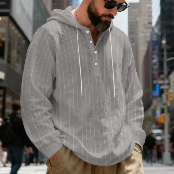 Design Striped Hooded Henley Shirt Gray Hoodie - 37