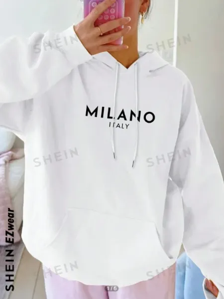 Design Shein Milano Italy Print Oversized Hoodie White Hoodie - 1