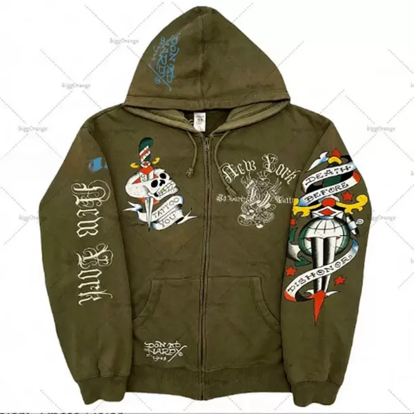 Design Don Ed Hardy New York Tattoo Art Hoodie Army Green Hoodie - 1