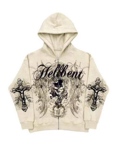 Design Hellbent Skull & Crosses Graphic Zip-Up Hoodie Beige Hoodie - 1