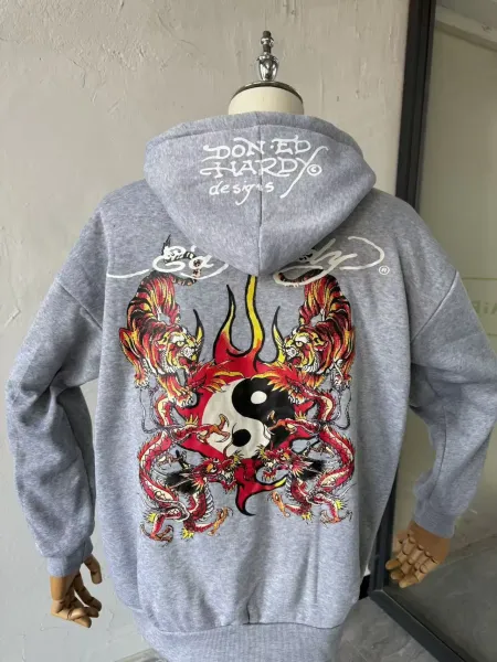 Design Ed Hardy Tattoo Hoodie Olive Green Zip-Up Hoodie - 11
