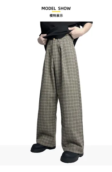 Design Wide-Leg Plaid Trousers Brown Beige Pants - 7