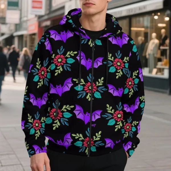 Design Bat & Floral Print Black Zip-Up Hoodie - 1