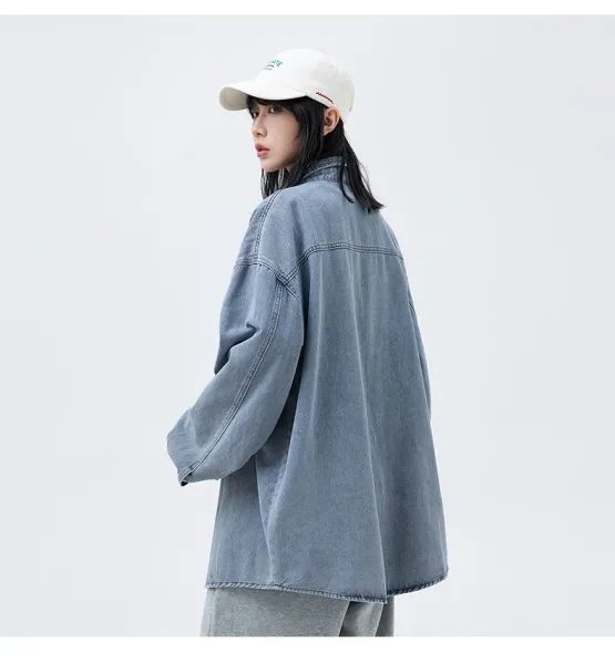 Design Oversized Washed Black Denim Shirt Tops Shirt - 18