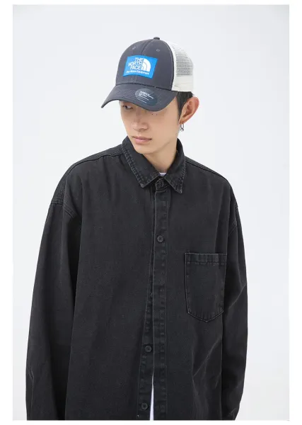 Design Oversized Washed Black Denim Shirt Tops Shirt - 21