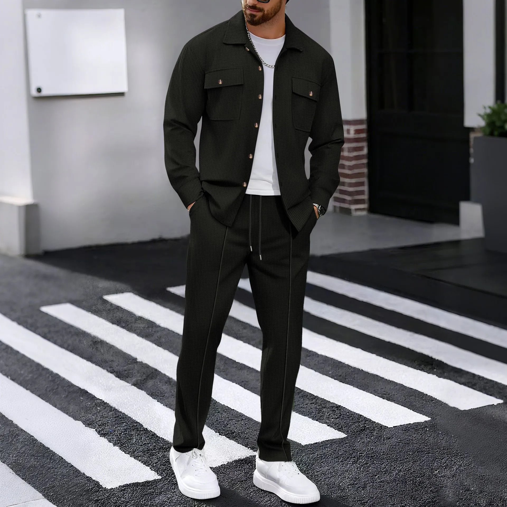 Design Gray Houndstooth Two-Piece Set with White T-Shirt and Chunky Sneakers - 19