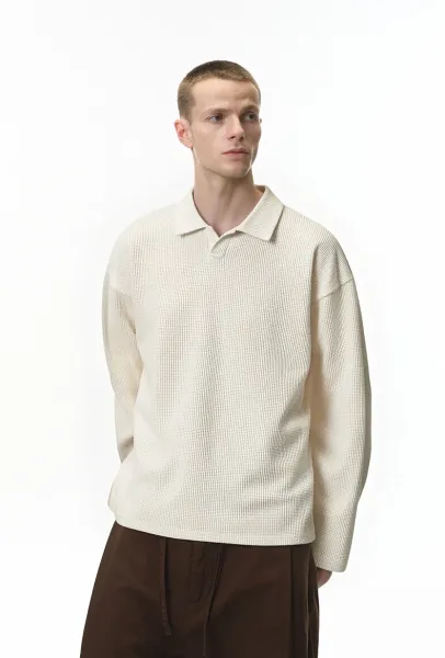 Design Waffle Knit Polo Shirt Beige Tops Polo - 15