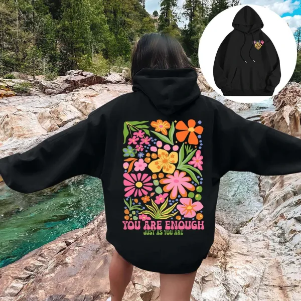 Design Floral Print 'You Are Enough' Navy Hoodie - 8