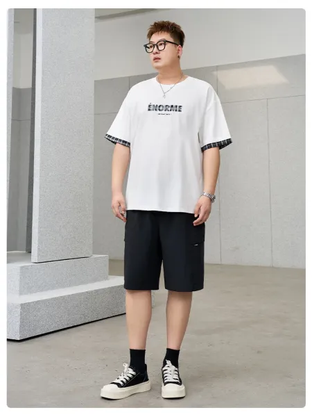 Design ÉNORME Graphic Print T-Shirt White with Plaid Cuff Detail T-Shirts - 24