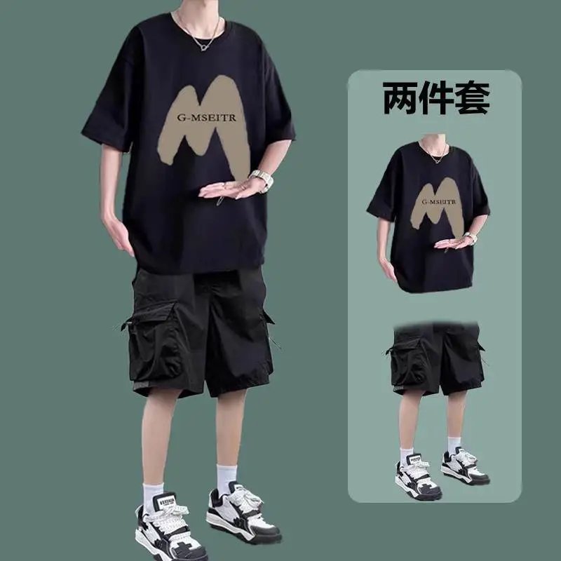 2件装大M纯棉T恤黑色+D1042裤黑色