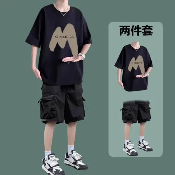 Design G-MSEITR Graphic Print Oversized T-Shirt and Cargo Shorts Set Black Casual Set - 1