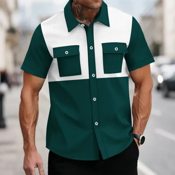 Design Color-Block Pocket Shirt Green and White Short-Sleeve Shirt - 1