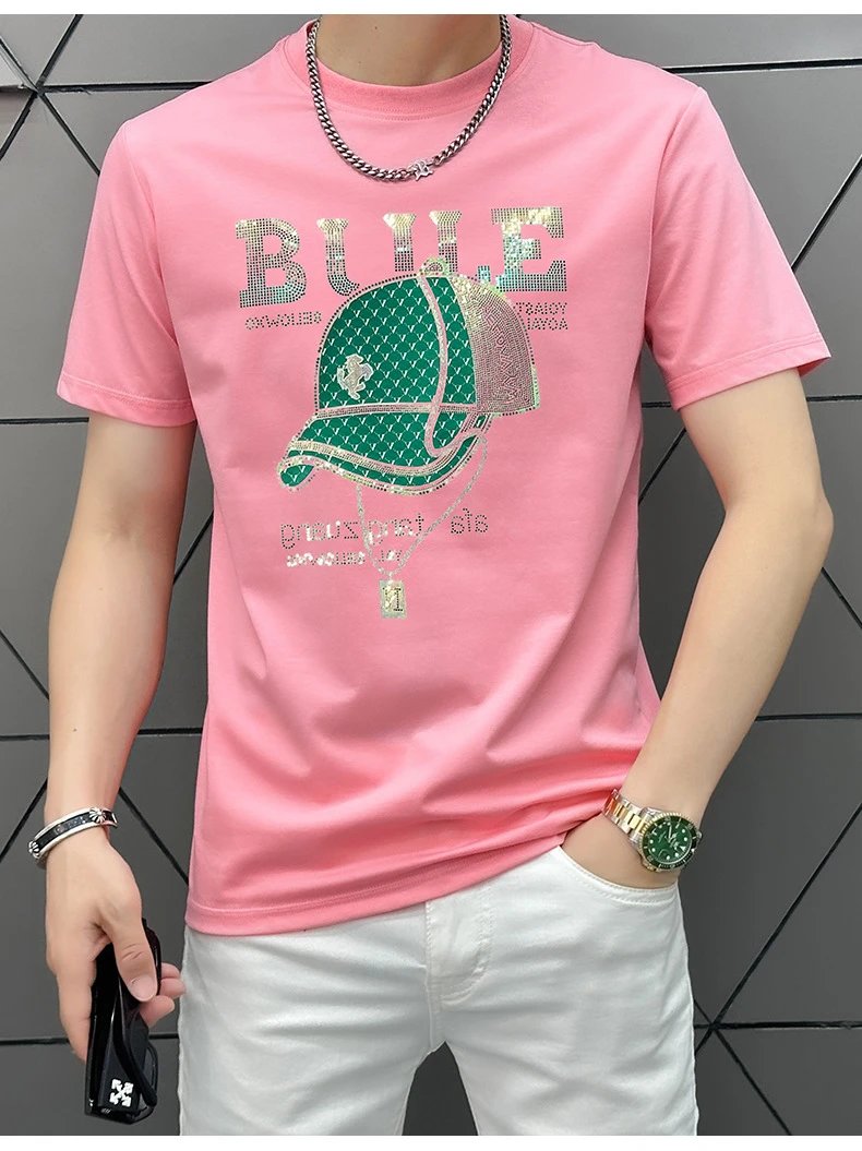 Design Bule Graphic Rhinestone Embellished Yellow T-Shirt - 6