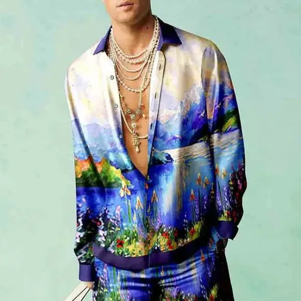 Design Floral Print Silk Shirt and Pants Set Multicolor - 1