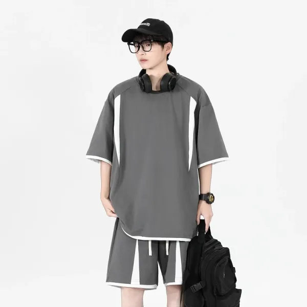Design Oversized Panelled Gray T-Shirt and Shorts Set Casual Set - 1