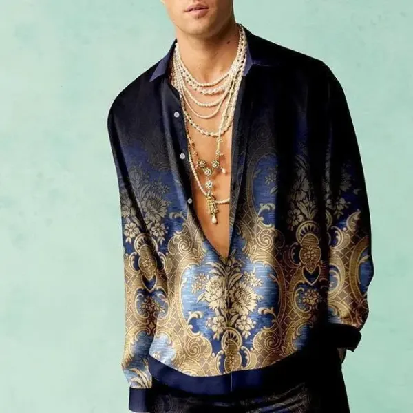Versace Baroque Print Silk Shirt Navy Gold Multicolor - 1
