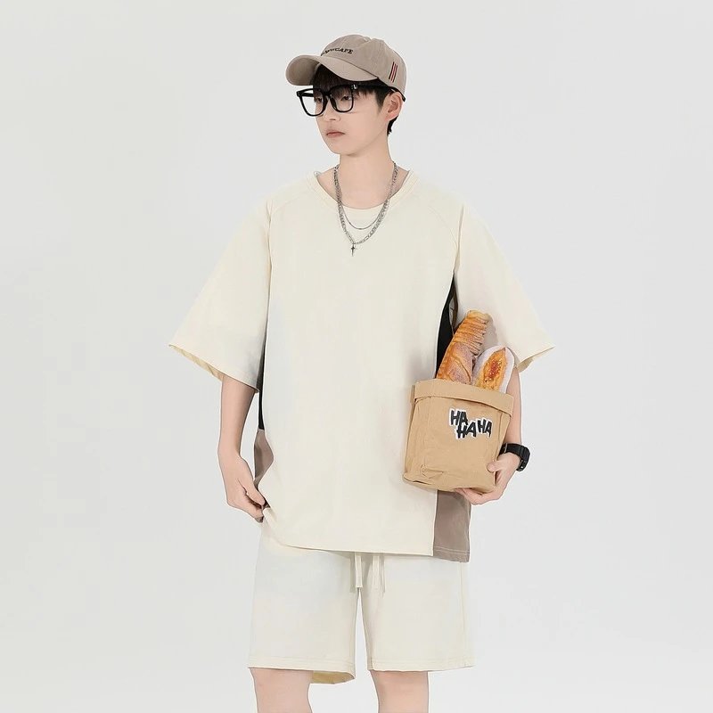Design Oversized T-Shirt and Shorts Set Beige with Black Stripes Casual Set - 31